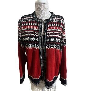 Vintage Nordic Fair Isle Cardigan – Red/Black/White With Intricate Silver Hooks